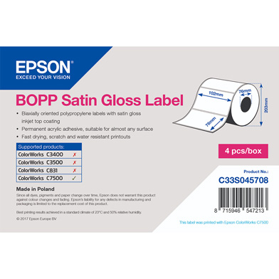 Epson C33S045708 ColourWorks C7500 BOPP Satin Gloss Die-cut Label Roll (102mm x 76mm, 1890 Labels)