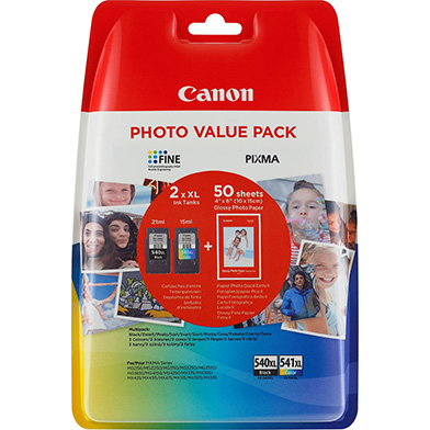 Canon CL-541/PG-540 High Yield CMYK Ink Cartridge + Photo Paper Value Pack
