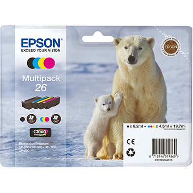 Epson 26 4-Colour Ink Cartridge Multipack CMY (300 Pages) K (220 Pages)