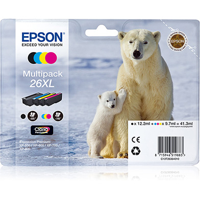 Epson 26XL 4-Colour Ink Cartridge Multipack CMY (700 Pages) K (500 Pages) 