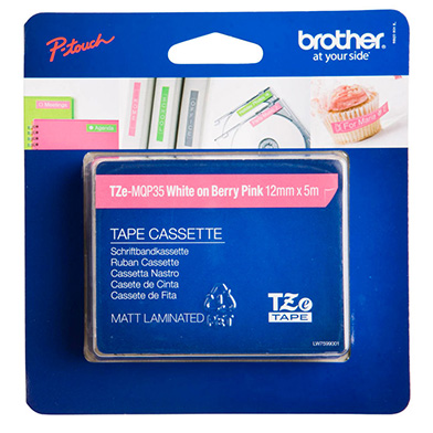 Brother TZe-MQP35 12mm Labelling Tape (WHITE ON BERRY PINK)