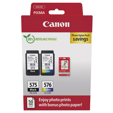 Canon 5438C004 PG-575/CL-576 Ink Value Pack CMYK (100 Pages) + Photo Paper (50 Sheets)