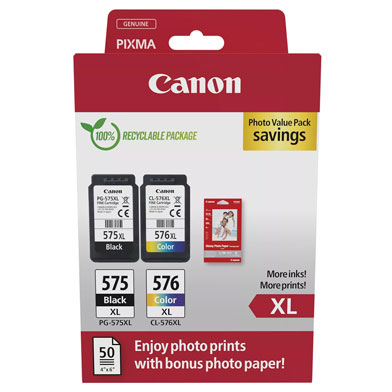 Canon 5437C006 PG-575XL/CL-576XL Ink Value Pack CMY (300 Pages) K (400 Pages) + Photo Paper (50 Sheets)