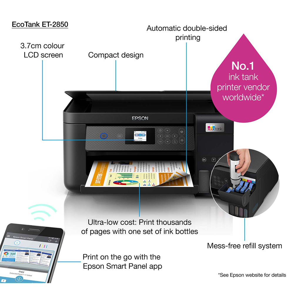 Epson Ecotank Et 2850 A4 Colour Multifunction Inkjet Printer C11cj63401 4054
