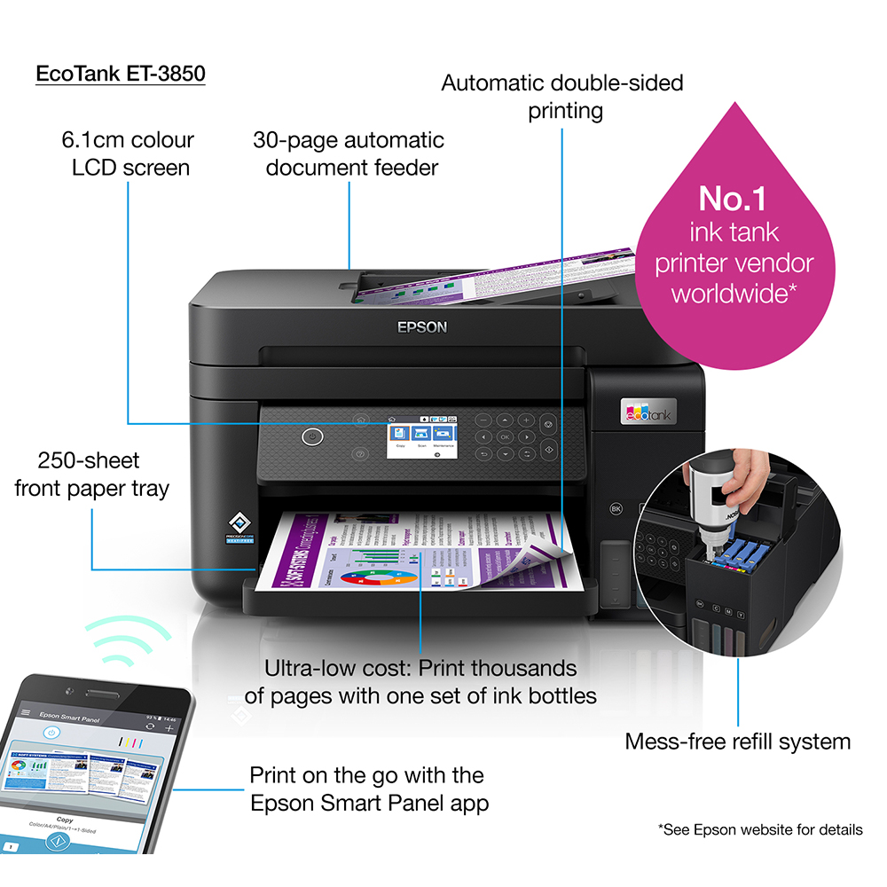 Epson Ecotank Et 3850 A4 Colour Multifunction Inkjet Printer C11cj61401 9425